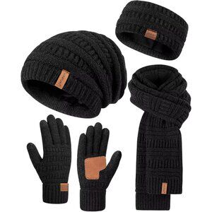 Women Winter Beanie Scarf Gloves Headband Set Knit Warm 4 Piece Gift Black